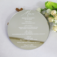Tarjetas de Menú Acrílicas Elegantes de Forma Redonda con Espejo Plateado y Detalles en Blanco para Restaurantes, Bodas y Eventos