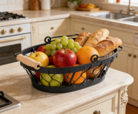Panier de rangement en fil métallique noir artisanal avec poignées en bois, organisateur multifonctionnel pour fruits et légumes, pour la maison et la cuisine