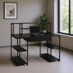 Escritorio de Oficina Negro con Estantes Abiertos y Mueble Superior, Diseño Industrial Moderno para Espacio de Trabajo - Product Image 2