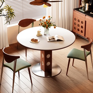 Table à manger ronde vintage en bois avec pieds en métal rétro, design nordique Bauhaus, plateau en ardoise multifonctionnel pour petits espaces, vente en gros - Product Image 1
