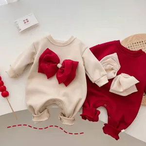 Combinaison décontractée d'hiver en coton avec nœud pour bébé nouveau-né avec nœud à col rond vêtements pour filles barboteuse pour bébé garçon