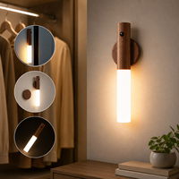 Lampu Kabinet LED Sensor Gerak Kayu Asli Magnetik Isi Ulang PIR Otomatis Nyala/Mati Tipe-C Baterai 500mAh Portabel