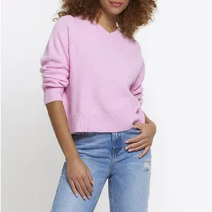 2024 New Design Hot Selling Customized Women's Sweater Pink Knitted V-neck Long sleeved Pullover Women's Office Sweaters