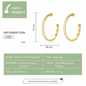 Pendientes de Aro de Zirconia de Acero Inoxidable con Baño de Oro de 14K, Piedra Transparente, Aros Abiertos en Forma de C con Cierre de Mariposa - Product Image 2
