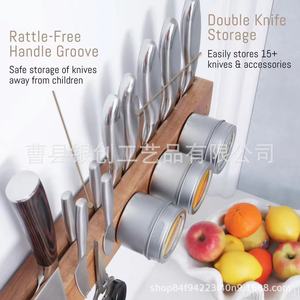 Wooden Magnetic Knife Rack <b>Wall</b> <b>Mounted</b> Kitchen Knife Holder Storage <b>Shelf</b> With Spice Containers - Product Image 4
