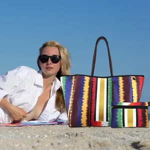 Moda çizgili haftasonu neopren plaj çantaları kadınlar için Set kadın çanta omuz bez plaj çantası büyük çanta