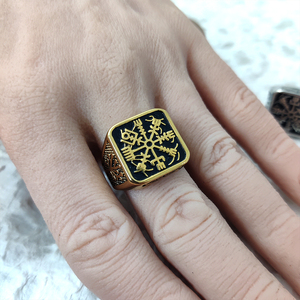 Anillo de hombre nórdico vikingo chapado en oro rosa de acero inoxidable con brújula, runa noruega, árbol de la vida y lobo, joyería al por mayor MRD011 - Product Image 5
