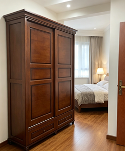 Armario Espacioso con Puertas Corredizas de Madera Maciza y Cajones, Armario de Almacenamiento de Ropa para Dormitorio, Estilo Retro Nogal - Product Image 3