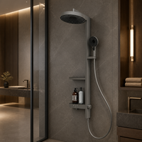 Système de douche pluie gris anthracite en acier inoxydable avec douchette à main, étagère de rangement intégrée, colonne de douche murale pour usage hôtelier