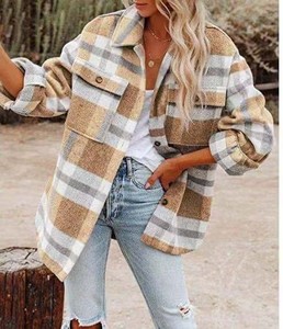 2025 classico cappotto di lana a maniche lunghe da <span class=keywords><strong>donna</strong></span> con risvolto alto a molla in pelliccia rimovibile camicia a quadri per uso esterno taglie forti - Product Image 3
