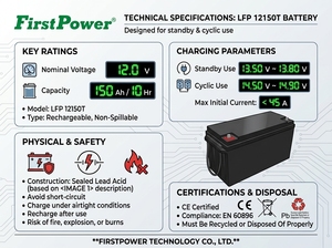 Batería sellada <span class=keywords><strong>de</strong></span> plomo-ácido FirstPower LFP12150T 12V150Ah, acumulador <span class=keywords><strong>de</strong></span> <span class=keywords><strong>gel</strong></span>, baja autodescarga, <span class=keywords><strong>para</strong></span> sistemas híbridos eólico-solares y energía marina - Product Image 6