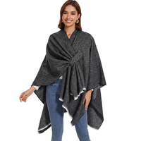 Poncho châle uni pour femme à nouer devant - Cape réversible en fausse cachemire avec bords effilochés, poncho en tricot de couleur neutre