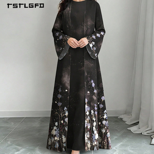 Women Black Floral Print Open Abaya Set Purple Blue Lavender <b>Sequin</b> <b>Flared</b> Sleeve Modest Muslim Elegant Two Piece Maxi Kimono - Product Image 4