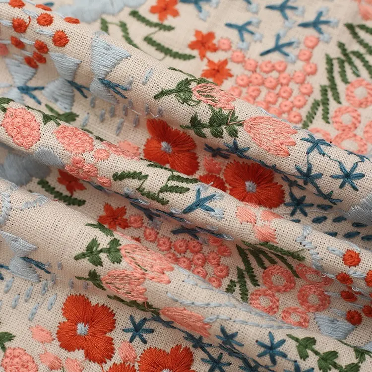 רוחב 125 ס""מ צבעוני בעבודת יד רקמה צמח פרחים בד כותנה בד פשתן עבור תיק שמלת צ'אונגסאם