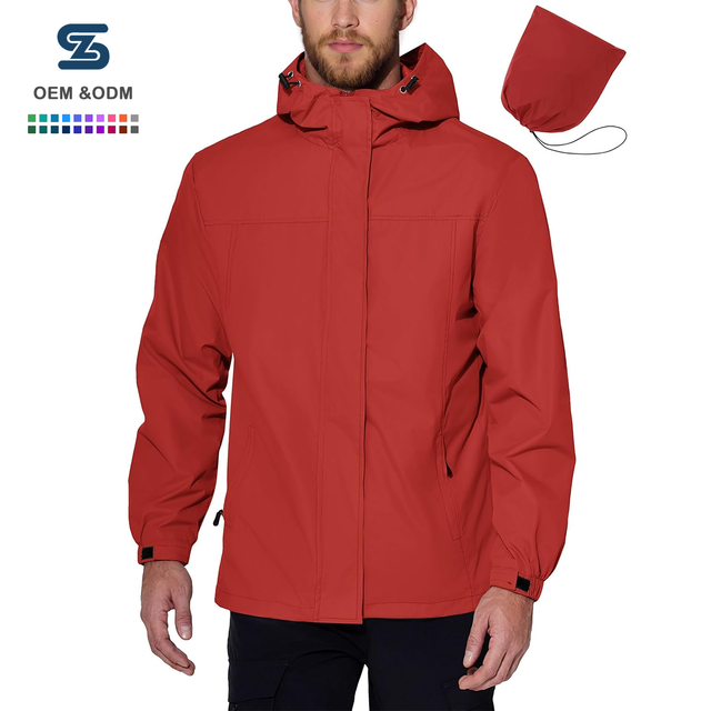 Men's Lightweight Packable Solid Windproof Waterproof Rain Jacket with Hood Stand Collar for Winter Cycling Golf Travel