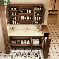 Mobile Bagno Neoclassico SLS con Specchio LED a Quattro Foglie, Mobile Sospeso in Legno con Inserto in Rattan e Lavabo Bianco Integrato
