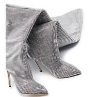Bottes sexy à plateforme, à bout pointu, au-dessus du genou, avec strass, dessus en PU et semelle extérieure en caoutchouc
