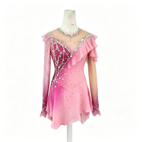 Robe de patinage artistique à manches longues dégradé rose magenta, ornée de strass faits à la main et de volants en maille, pour filles et adultes