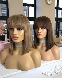 Rambut palsu 13*4 renda Wig depan kualitas terbaik Wig Bob warna coklat pendek panjang berbeda Wig pirang dengan Bang untuk wanita putih