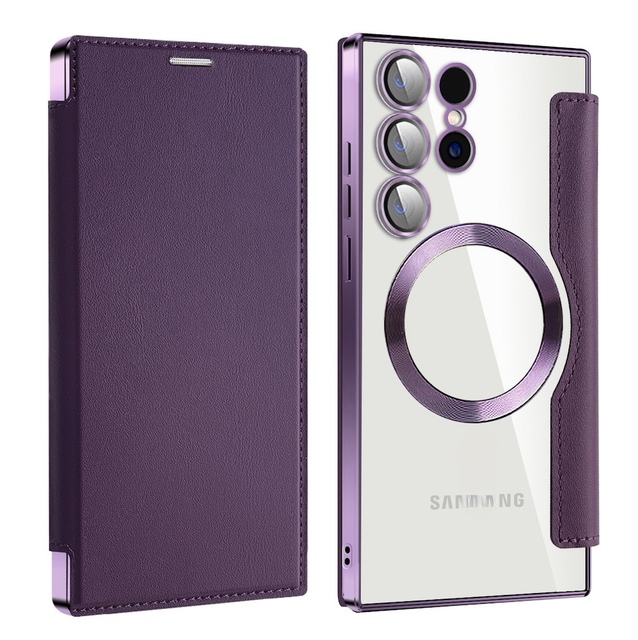 2025 New Flip Cover Leather Case Electroplated Magnetic Suction Phone Case for Samsung S25 Ultra case with Lens Film Card
