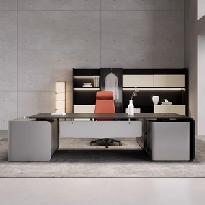 Scrivania Direzionale in Legno Massello Verniciato, Lussuosa Scrivania Presidenziale Modulare di Alta Gamma, Set Scrivania e Sedia dal Design Moderno e Semplice - Product Image 2