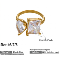 Bague ouverte en acier inoxydable 316L avec zircon taillé en poire et carré, étanche, hypoallergénique, pour femme, pour le quotidien