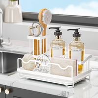 Support de rangement noir en métal pour évier de cuisine avec porte-éponge, porte-brosse et porte-savon, avec plateau d'égouttage