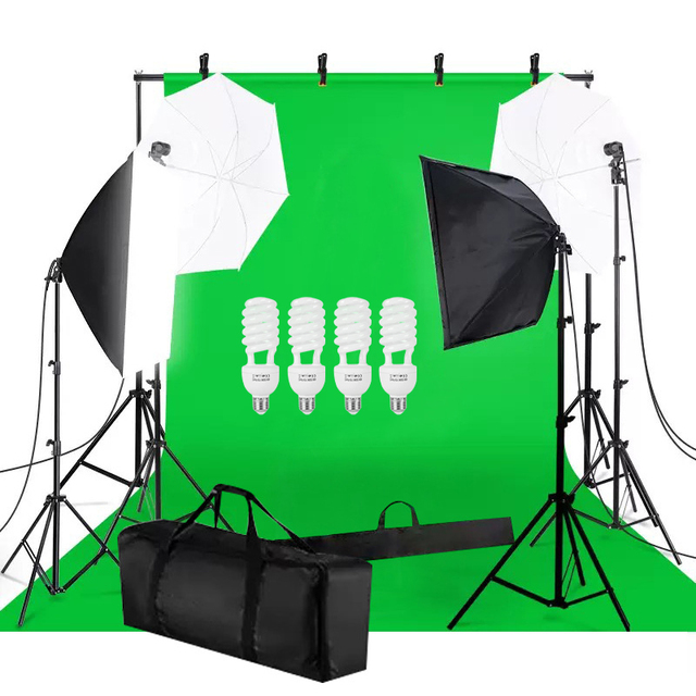 4 Photo Studio Equipment 2.6*3m Background Stand Photography Backdrop Set Soft Box Umbrella Lighting Kit Handle Portable
