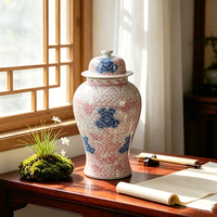 Pot en céramique sous glaçure rose, bleu et blanc, à motif floral, avec couvercle, style chinois, pour rangement et décoration intérieure