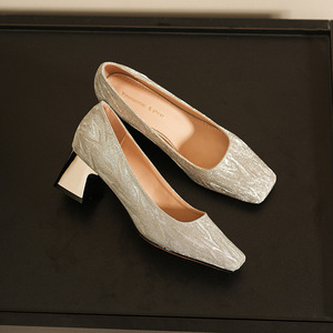 Escarpins de mariée 5688L à bout carré, talon carré, dessus pailleté, confortables, à enfiler, toutes saisons, chaussures pour femmes - Product Image 2