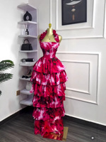 Robe longue à volants et imprimé floral pour femme, col halter, style Sehe Fashion