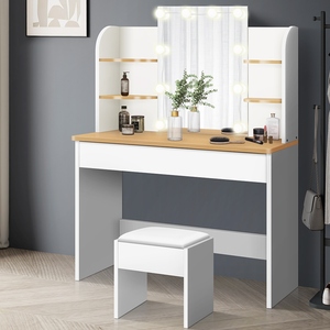 Miroir sur pied avec lampe intégrée, coiffeuse moderne, coiffeuse de chambre à panneaux en bois avec ensemble chaise - Product Image 3
