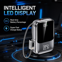 Mini Power Bank 20000 mAh avec câble intégré, charge rapide PD 22,5W, écran LED, pour utilisation en extérieur et chargeur d'urgence de poche