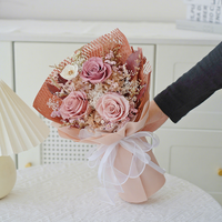 Buket Mawar Abadi Kering Alami Warna Pink Antik dalam Kotak Persegi untuk Pernikahan, Natal, Hari Valentine