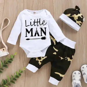 9-12 months private letter label design camouflage printed crew neck two piece cotton baby romper boys clothes for summer