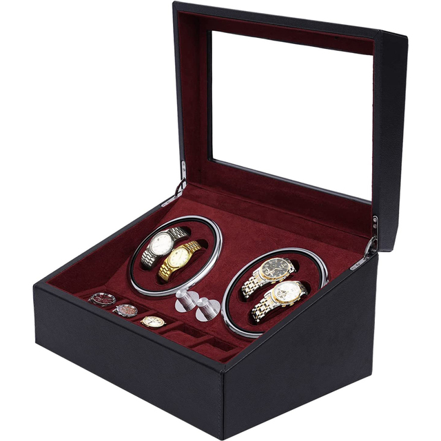EleQueen Luxury Super Quiet Automatic Watch Winder Box EQ487 Rectangle Blue LED Light Display Case Protective Suede Lining Wood