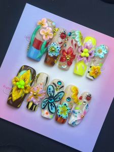 Ongles à presser longs réutilisables ShuangYu personnalisables en acrylique 3D, motif fleur et papillon, forme carrée, hypoallergéniques, application facile, protection renforcée - Product Image 2