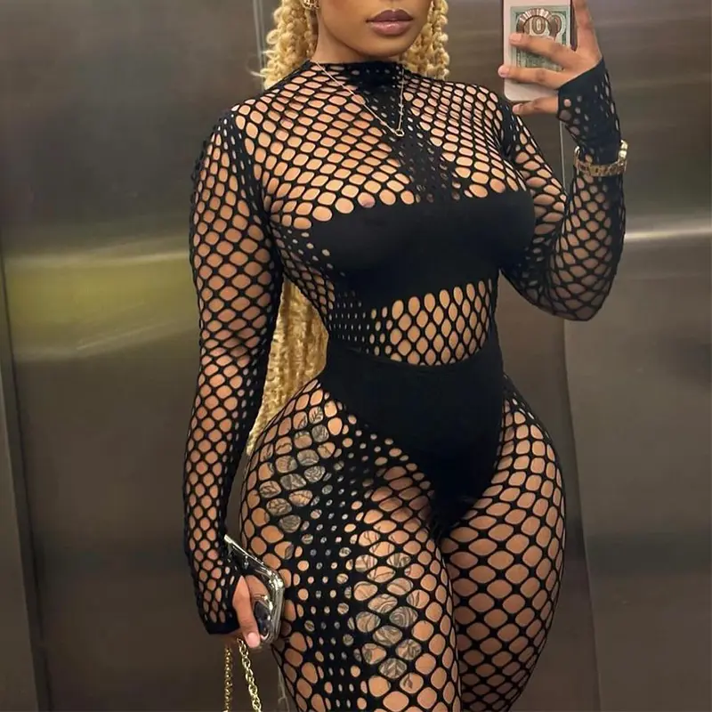 Fashion Street Wear Fishnets 2 Pcs Women Sexy Lingeries Night Club Ladies Outfits Clothes Tight Mesh Two Piece Pant Suit Set