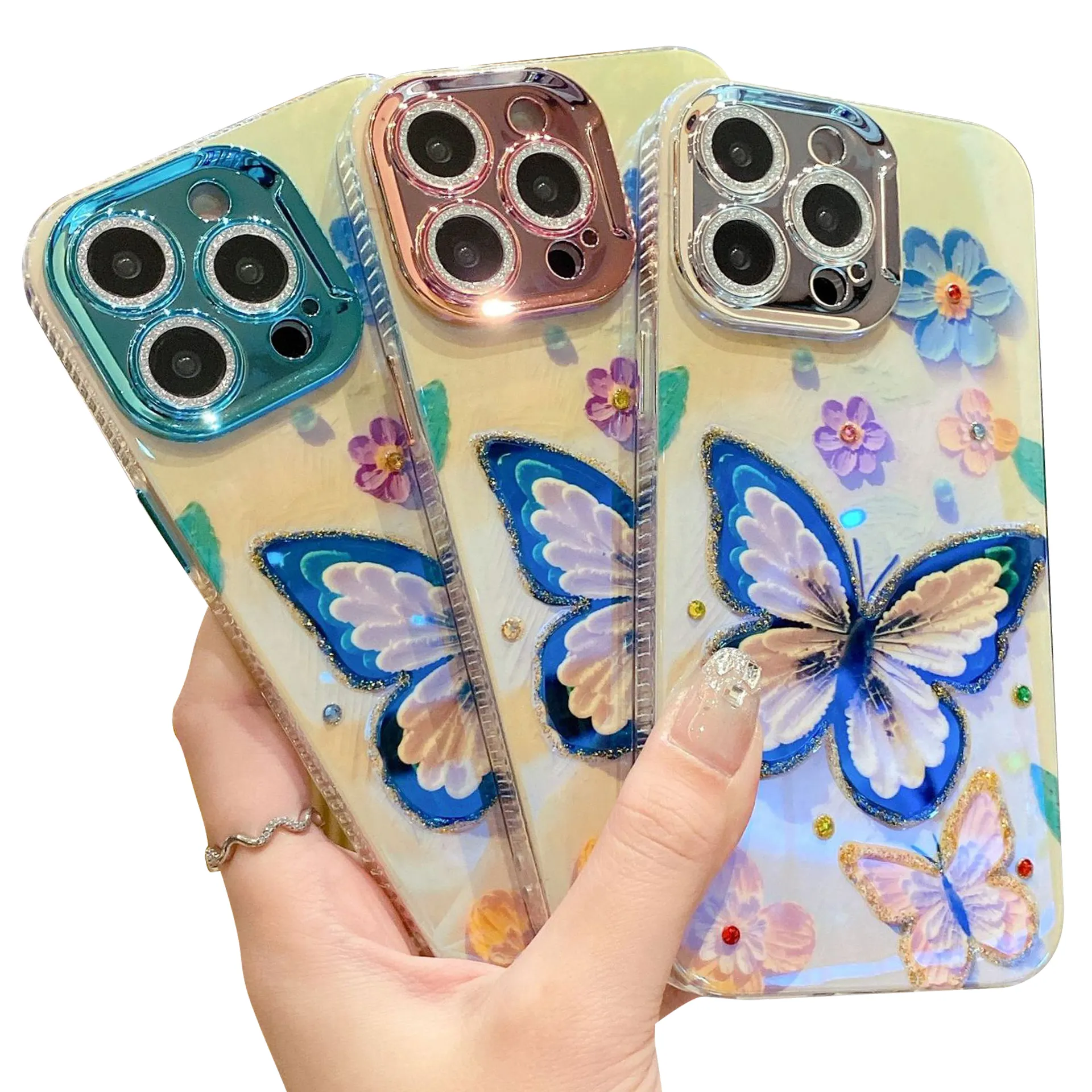 Luxury Fashion Epoxy Flower Butterfly Design Mobile Phone Case For iPhone 15 14 pro max 13 12 11 Metal Lens Protect Back Cover