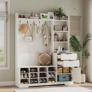 SENYU Farmhouse Entryway Hall Tree <b>Shoe</b> Storage <b>Cabinet</b> with Coat Rack <b>Bench</b> 6 Hooks 5 Shelves Multifunctional Furniture - Product Image 3