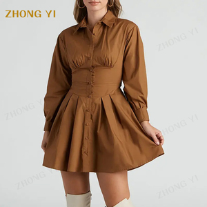 Vestido camisero corto informal de manga larga de algodón de alta calidad personalizado para mujer con puños abotonados y cuello vuelto ajustado en la cintura con volantes - Product Image 2