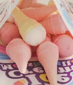 wholesale halal sweet fruit jam filled cotton candy ice cream cone shaped marshmallow for sale