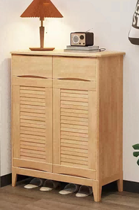 Mueble moderno de madera para guardar zapatos con puertas con persianas y estante abierto, diseño de mediados de siglo, mueble para la entrada. - Product Image 6