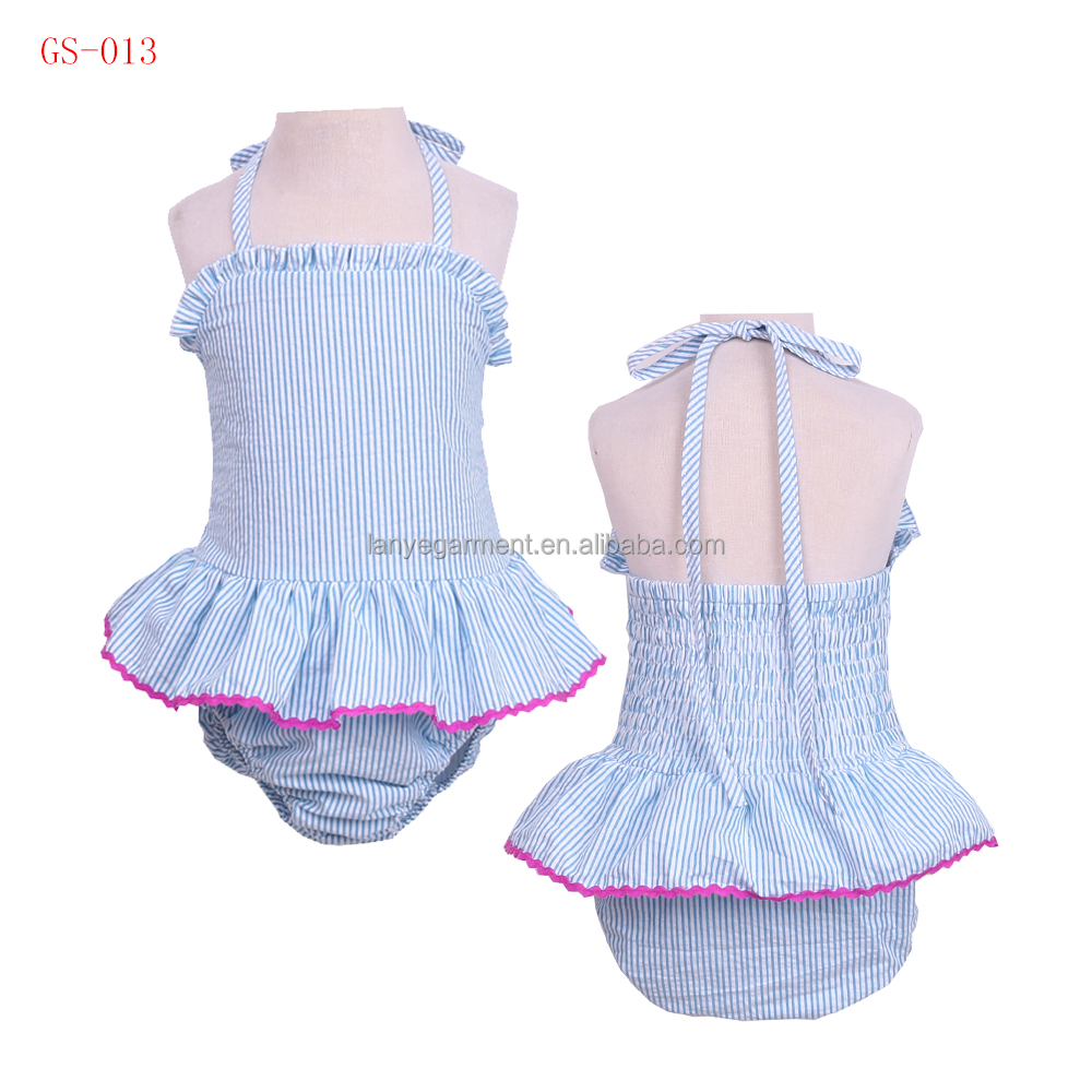 Custom Seersucker Children's Striped Suspender Swimsuit Pink Lace Trim 0-6 Years Girls Swimwear