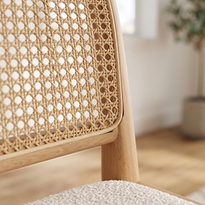 [Stock en EE. UU.] Silla de Comedor de Madera Maciza Estilo Mid-Century con Respaldo de Ratán y Asiento Tapizado en Tela Teddy para Muebles de Restaurante - Product Image 5