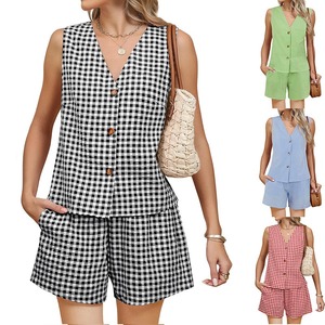 Annshine 2026, Ropa de Verano para <span class=keywords><strong>Mujer</strong></span>, Estilo Europeo y Americano, Conjunto Corto para Vacaciones, <span class=keywords><strong>Chaleco</strong></span> a Cuadros de <span class=keywords><strong>Lino</strong></span> y Pantalones Cortos, Dos Piezas - Product Image 1