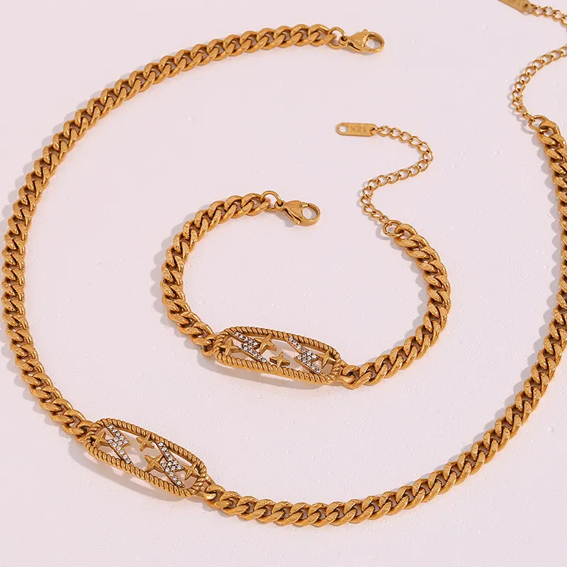 Hollow Out Twisted Zircon Charm Choker Necklace And Bracelet 18k Gold Plated Stainless Steel Cuban Chain Link Necklace Bracelet