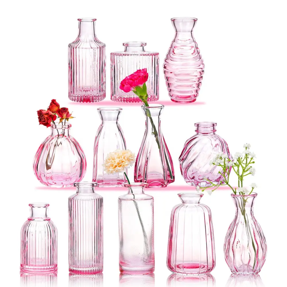 12 florero de capullo de cristal a granel de ámbar pequeño rosa, jarrones de cristal y cristal para decoración de fiesta de mesa de hogar de boda
