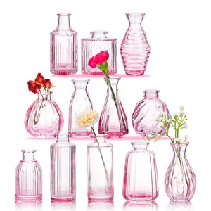 12个粉色小琥珀色散装玻璃花蕾花瓶，玻璃和水晶花瓶，用于婚礼家居餐桌派对装饰