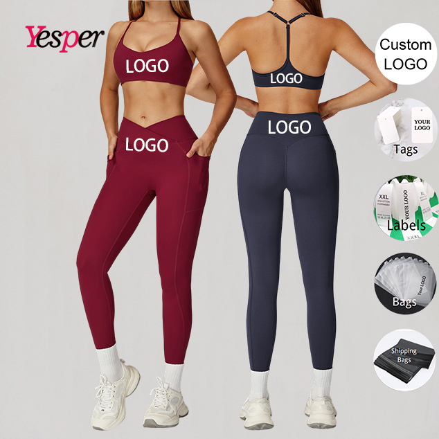2 Pcs Cross-shaped High-waisted Women's Nude Solid Breathable Tight Quick-drying Outdoor High-intensity Yoga Sets